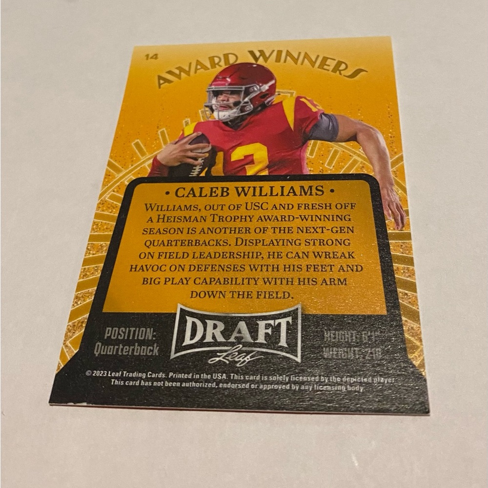 Caleb Williams RC Rookie 2023 Leaf Red Football Card #14 USC Trojans - Picture 2 of 3